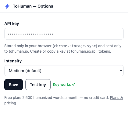 ToHuman extension options page with the API key field, intensity selector, and a Test key button showing the key works