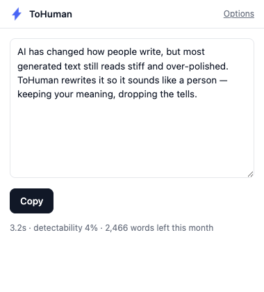 ToHuman extension popup showing humanized text with a Copy button, processing time, detectability score, and remaining monthly words
